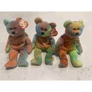 Ty Beanie Babies Peace Bear Lot of 3 Retired 1996 Rainbow Plush Vintage